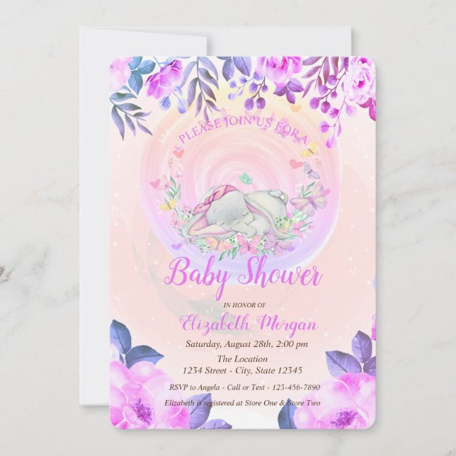 Niedlich Baby Elephant Butterfets Floral Einladung (Vorderseite)