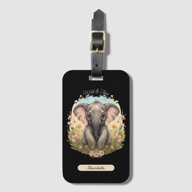 Niedlich Baby Elephant Calf Wildblume Wanderlust Gepäckanhänger (Vorderseite Vertikal)