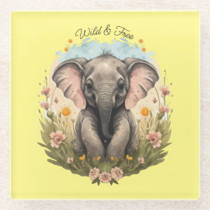 Niedlich Baby Elephant Calf Wildblume Wanderlust Glasuntersetzer