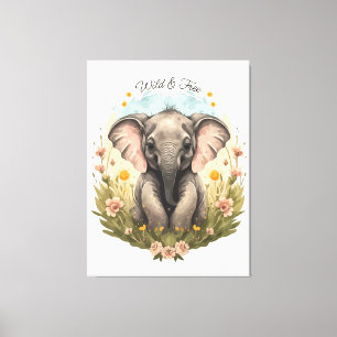 Niedlich Baby Elephant Calf Wildblume Wanderlust Leinwanddruck