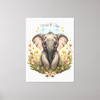 Niedlich Baby Elephant Calf Wildblume Wanderlust Leinwanddruck