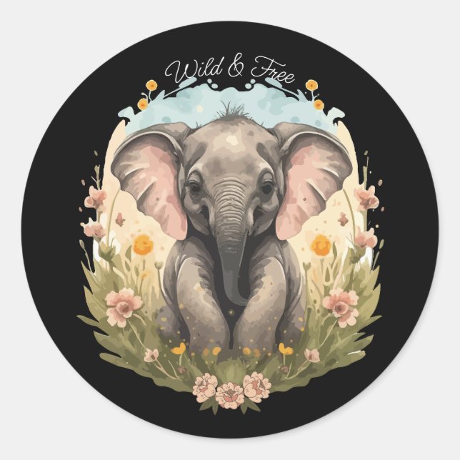 Niedlich Baby Elephant Calf Wildblume Wanderlust Runder Aufkleber (Vorderseite)