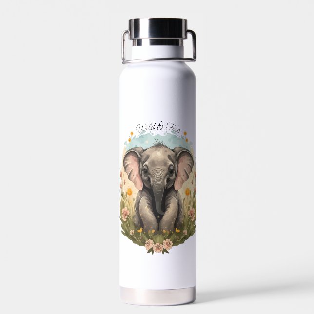 Niedlich Baby Elephant Calf Wildblume Wanderlust Trinkflasche (Rückseite)