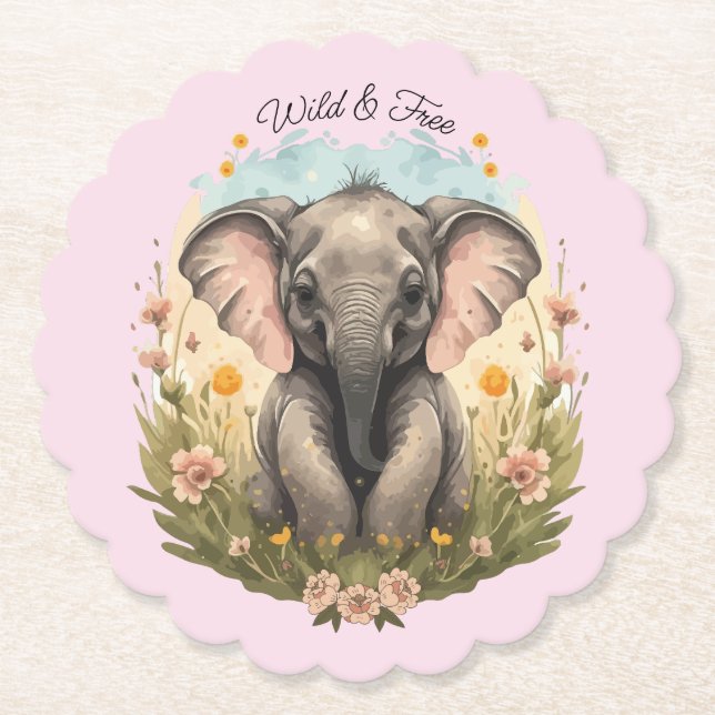 Niedlich Baby Elephant Calf Wildblume Wanderlust Untersetzer (Vorderseite)