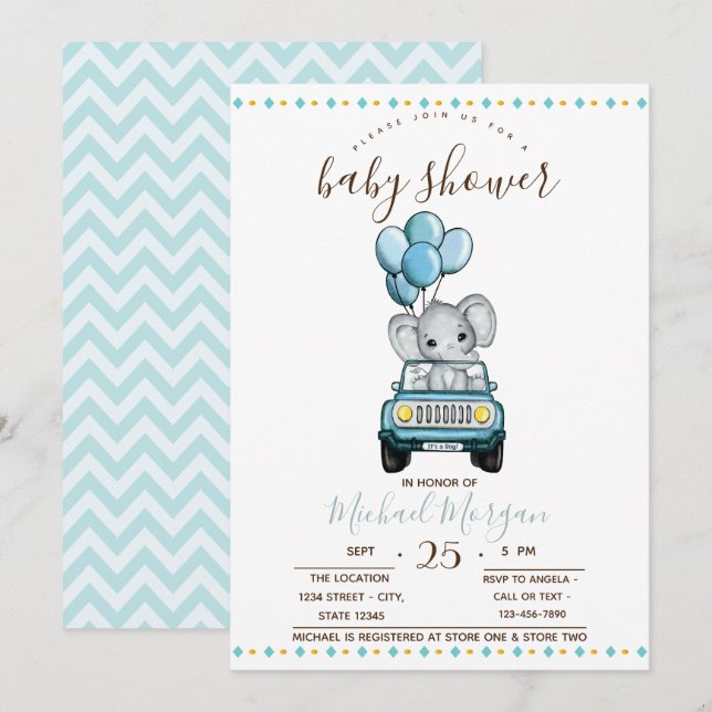 Niedlich Baby Elephant Car, Zigzag Babydusche Einladung (Vorne/Hinten)