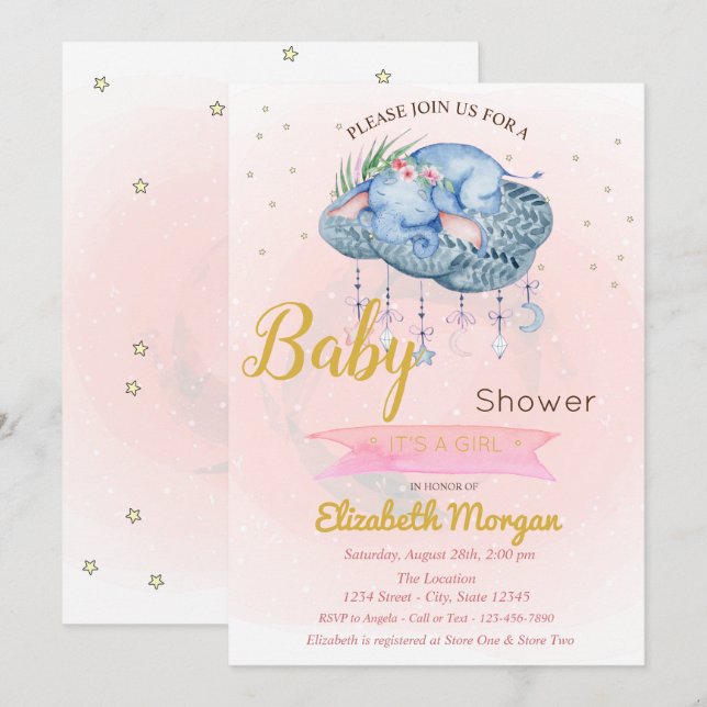 Niedlich Baby Elephant Cloud, Stars Baby Dusche Einladung (Vorne/Hinten)