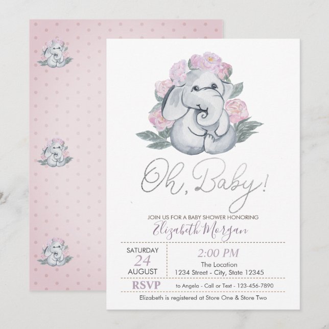 Niedlich Baby Elephant Dots Floral Baby Dusche Einladung (Vorne/Hinten)