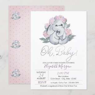 Niedlich Baby Elephant Dots Floral Baby Dusche Einladung