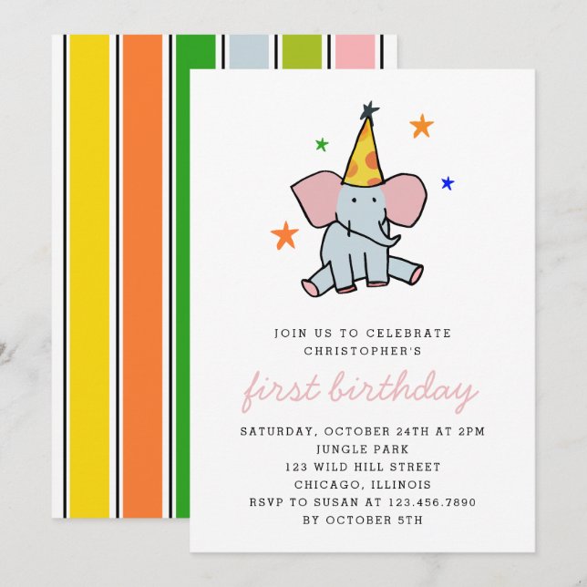 Niedlich Baby Elephant erste Geburtstagsparty Einladung (Vorne/Hinten)