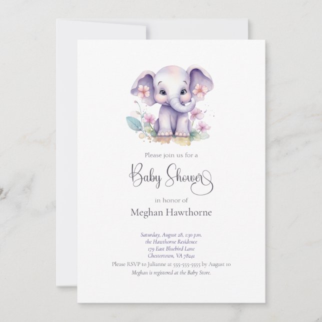 Niedlich Baby Elephant Floral Baby Dusche Einladung (Vorderseite)