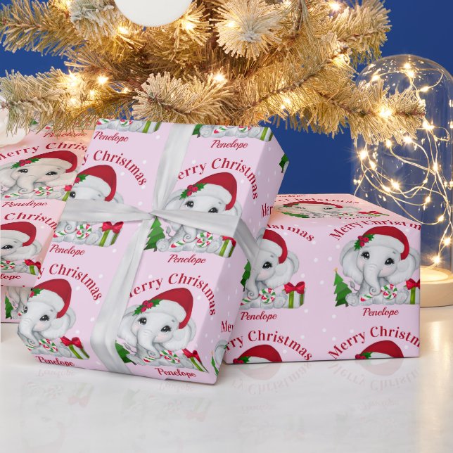 Niedlich Baby Elephant Frohe Weihnachten Pink Geschenkpapier (Feiertage)