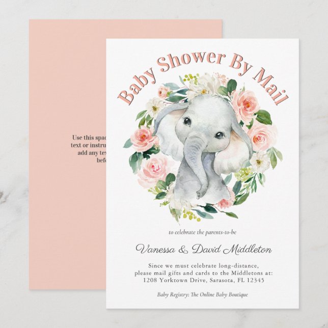 Niedlich Baby Elephant Girl Baby Dusche per Mail Einladung (Vorne/Hinten)