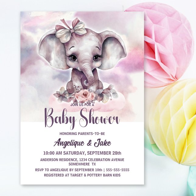 Niedlich Baby Elephant Girl Babydusche Einladung (Von Creator hochgeladen)