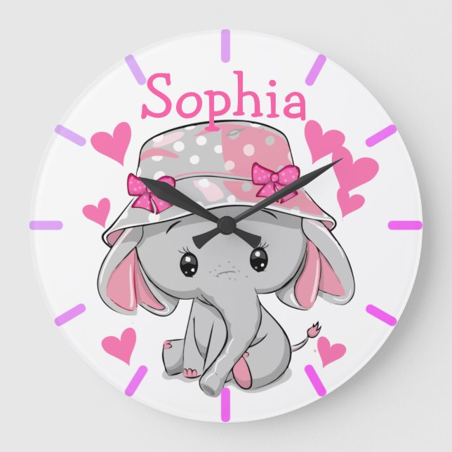 Niedlich Baby Elephant Girl Große Wanduhr (Vorderseite)