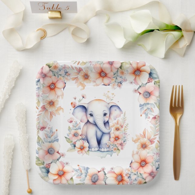 Niedlich Baby Elephant Girl's Baby Shower Pappteller (Hochzeit)