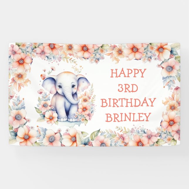 Niedlich Baby Elephant Girl's Birthday Banner (Horizontal)