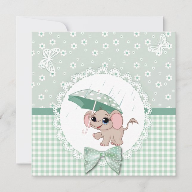 Niedlich Baby Elephant Green Baby Sprinkle Dusche Einladung (Vorderseite)