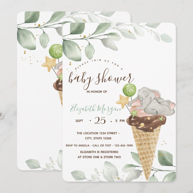 Niedlich Baby Elephant Ice Creme Baby Dusche Einladung (Vorne/Hinten)