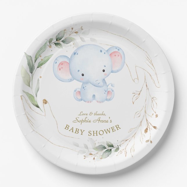 Niedlich Baby Elephant Jungle Greenery Baby Dusche Pappteller (Vorderseite)