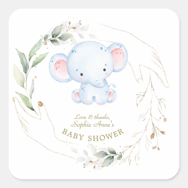 Niedlich Baby Elephant Jungle Greenery Baby Dusche Quadratischer Aufkleber (Vorderseite)