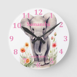 Niedlich Baby Elephant Pastel Watercolor Spring Bl Runde Wanduhr