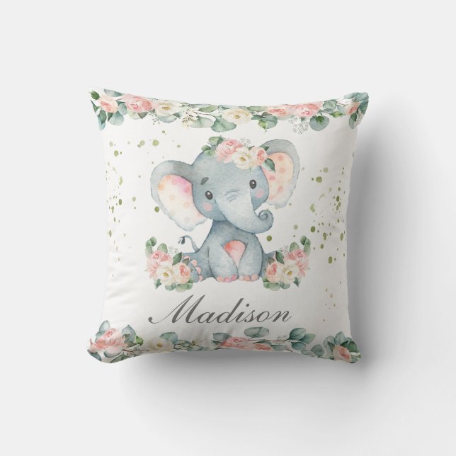 Niedlich Baby Elephant Pink Blumengrün Kinderzimme Kissen (Vorderseite)