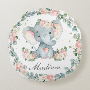 Niedlich Baby Elephant Pink Blumengrün Kinderzimme Rundes Kissen