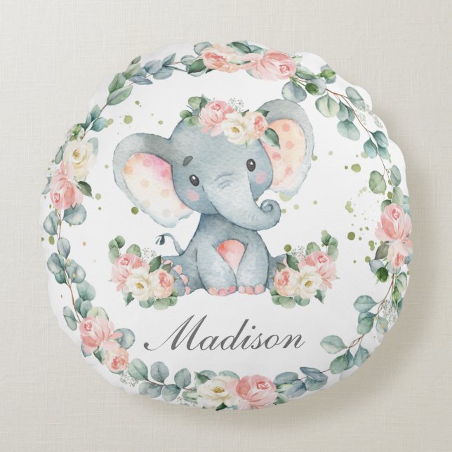 Niedlich Baby Elephant Pink Blumengrün Kinderzimme Rundes Kissen (Vorderseite)