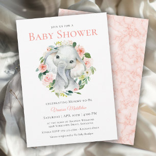 Niedlich Baby Elephant Pink Floral Baby Dusche Einladung