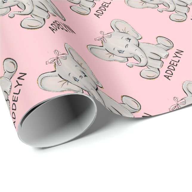Niedlich Baby Elephant Pink Kleine Mädchen Name Wr Geschenkpapier (Rolleneckpunkt)