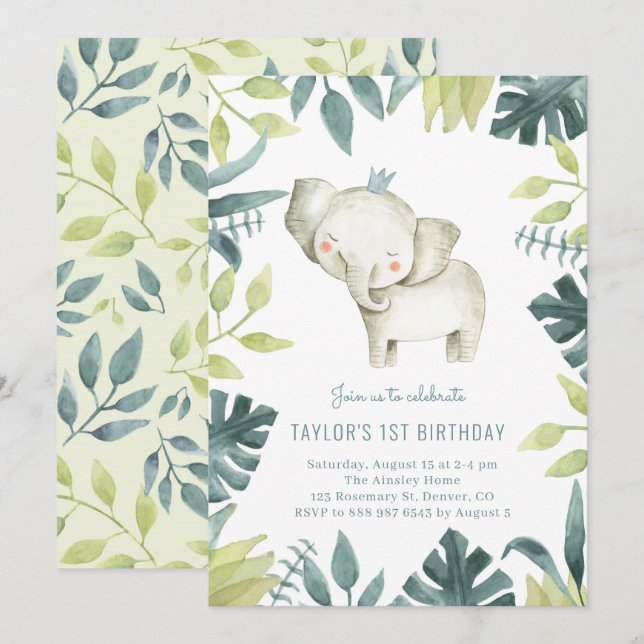 Niedlich Baby Elephant Prince Tropical Jungle Gebu Einladung (Vorne/Hinten)