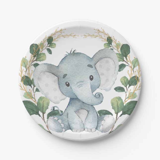 Niedlich Baby Elephant Watercolor Greenerie Gold P Pappteller (Vorderseite)