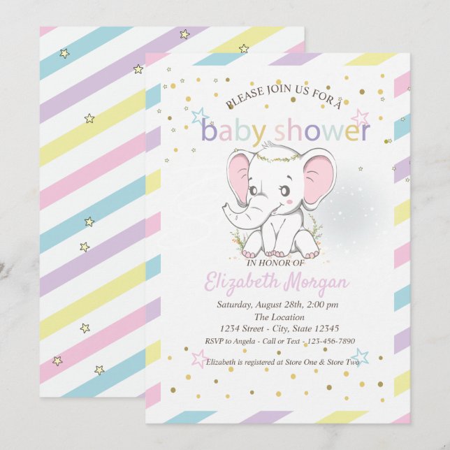 Niedlich Baby Elephants Stars Baby Dusche Einladung (Vorne/Hinten)