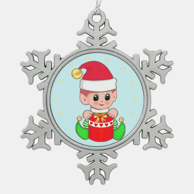 Niedlich Baby Elf & Stars auf Light Blue Schneeflocken Zinn-Ornament (Vorderseite)