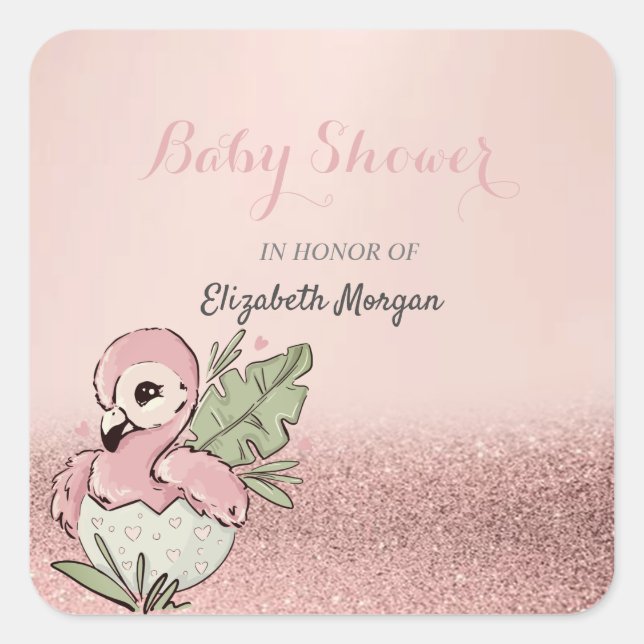 Niedlich Baby Flamingo Rose Gold Glitzer Quadratischer Aufkleber (Vorderseite)