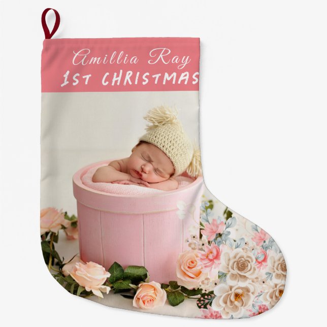 niedlich Baby Foto Baby's First Christmas Großer Weihnachtsstrumpf (Vorderseite)