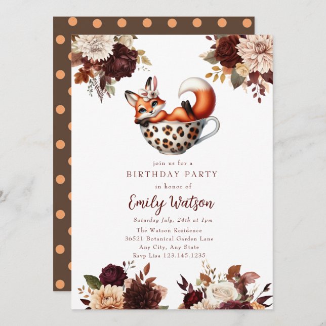 Niedlich Baby Fox | Birthday Tee Party Einladung (Vorne/Hinten)