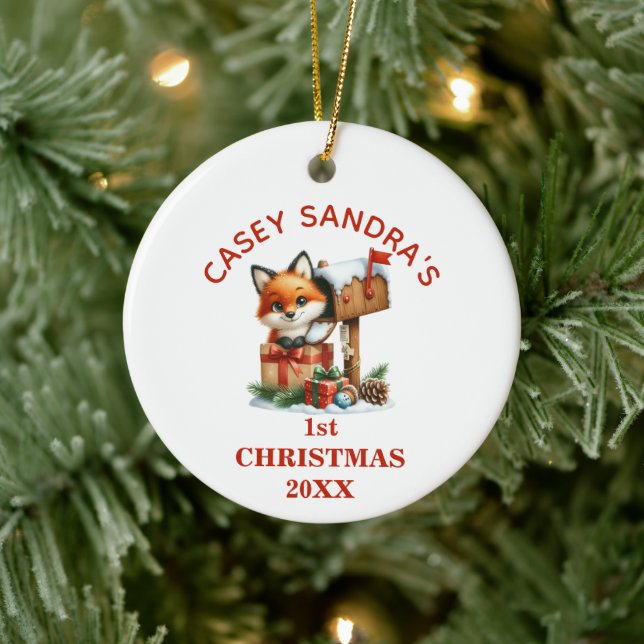 Niedlich Baby Fox Erste Weihnachten Personalisiert Keramik Ornament (Baum)