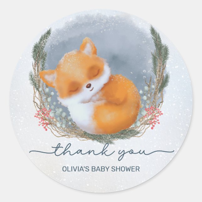 Niedlich Baby Fox Snowly Winter Baby Dusche Danke Runder Aufkleber (Vorderseite)
