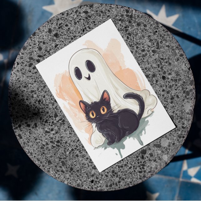 Niedlich Baby Ghost Black Kitten Halloween Postkarte (Von Creator hochgeladen)