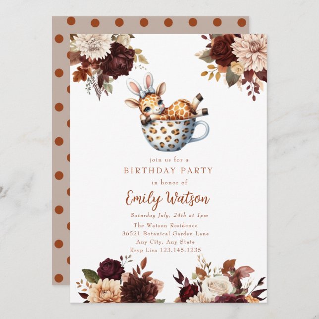 Niedlich Baby Giraffe | Birthday Tee Party Einladung (Vorne/Hinten)