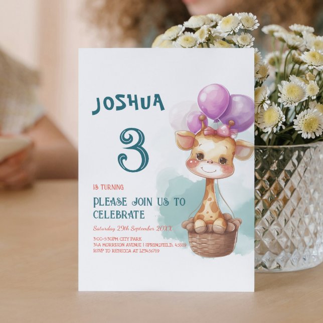 Niedlich Baby Giraffe I Balloons Kindergeburtstag  Einladung (Von Creator hochgeladen)