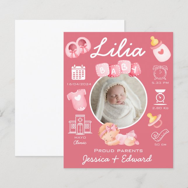 Niedlich Baby Girl Birth Stats Pink Neugeborene Mo (Vorne/Hinten)