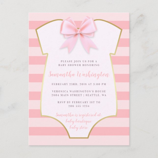 Niedlich Baby Girl Blush Pink Bow & Gold Baby Dusc Einladungspostkarte (Vorderseite)