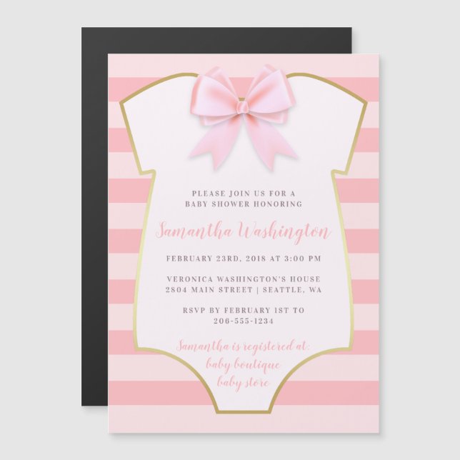 Niedlich Baby Girl Blush Pink Bow & Gold Baby Dusc Magneteinladung (Vorne/Hinten)