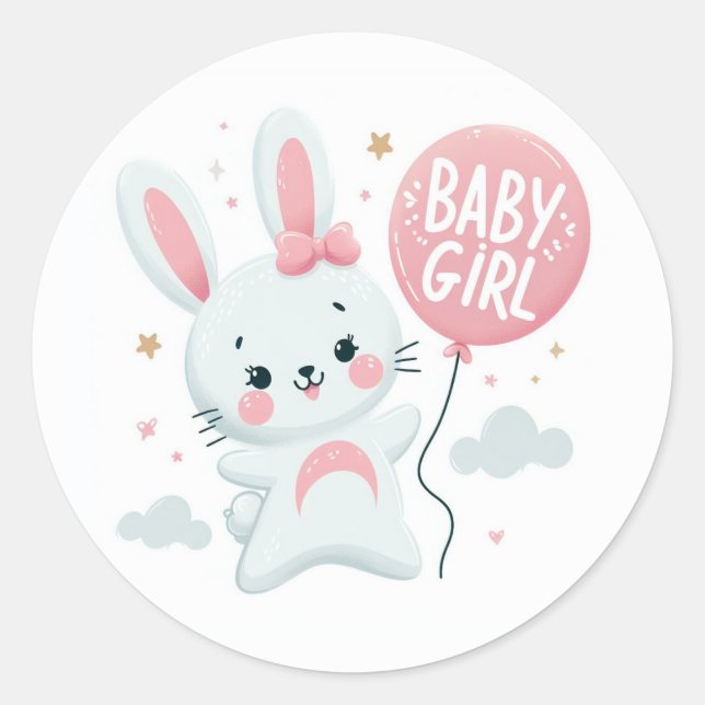 Niedlich Baby Girl Bunny mit Balloon Runder Aufkleber (Vorderseite)