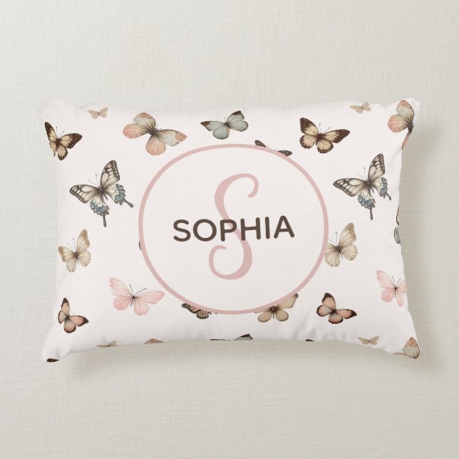 Niedlich Baby Girl Custom Monogram Butterfly Muste Dekokissen (Vorderseite)