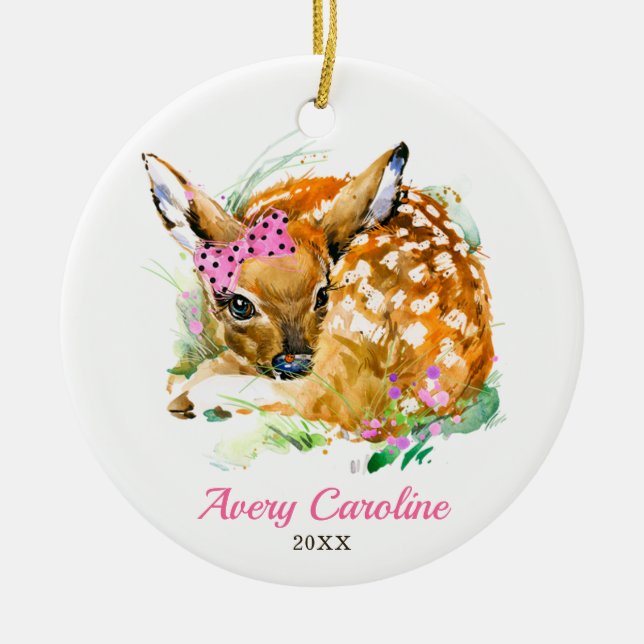 Niedlich Baby Girl Deer Fawn Personalisiert Weihna Keramik Ornament (Vorne)