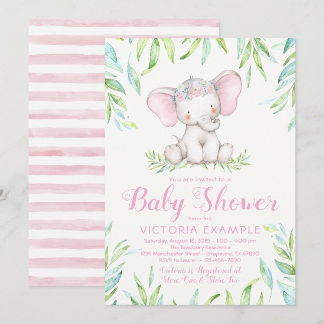 Niedlich Baby Girl Elephant Baby Shower Einladunge Einladung (Vorne/Hinten)