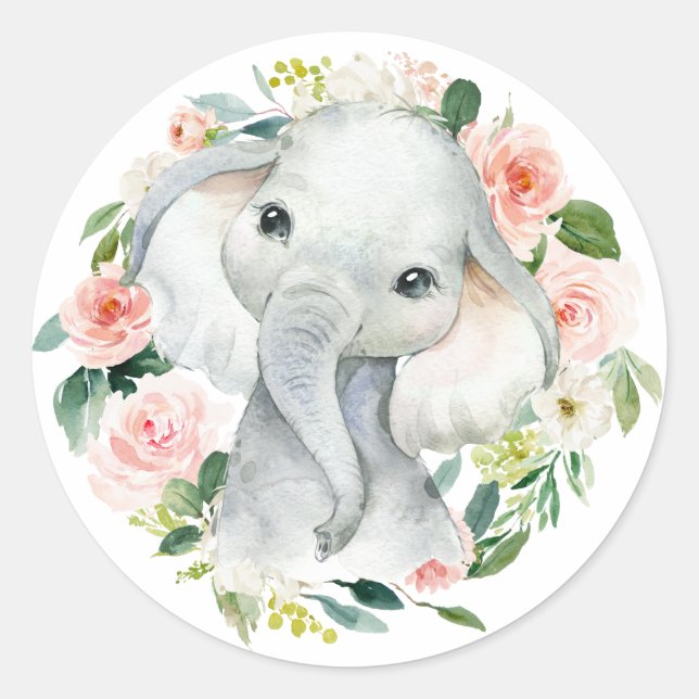 Niedlich Baby Girl Elephant Floral Umschlag Aufkle Runder Aufkleber (Vorderseite)